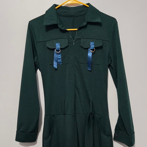B#91 Women's Dark Green Cargo Jumpsuit Long Sleeve Belted Romper - Picture 2 of 10